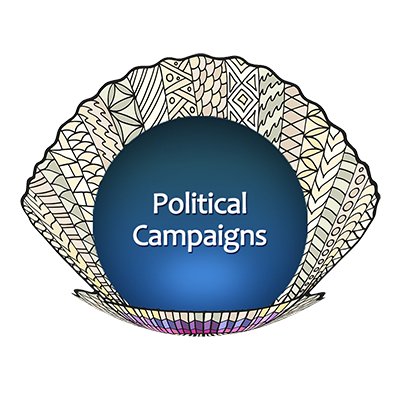 Graphic with clamshell and pearl that says, Political Campaigns