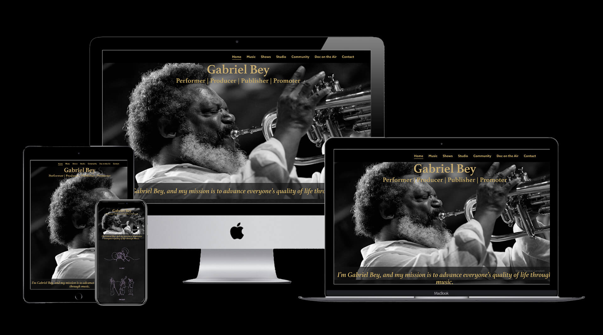 Graphic showing the website designed by Clamshell Communications for Gabriel Bey on four device screens