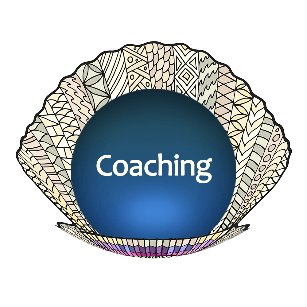 Illustration of a shell with a big blue pearl. The pearl says Coaching