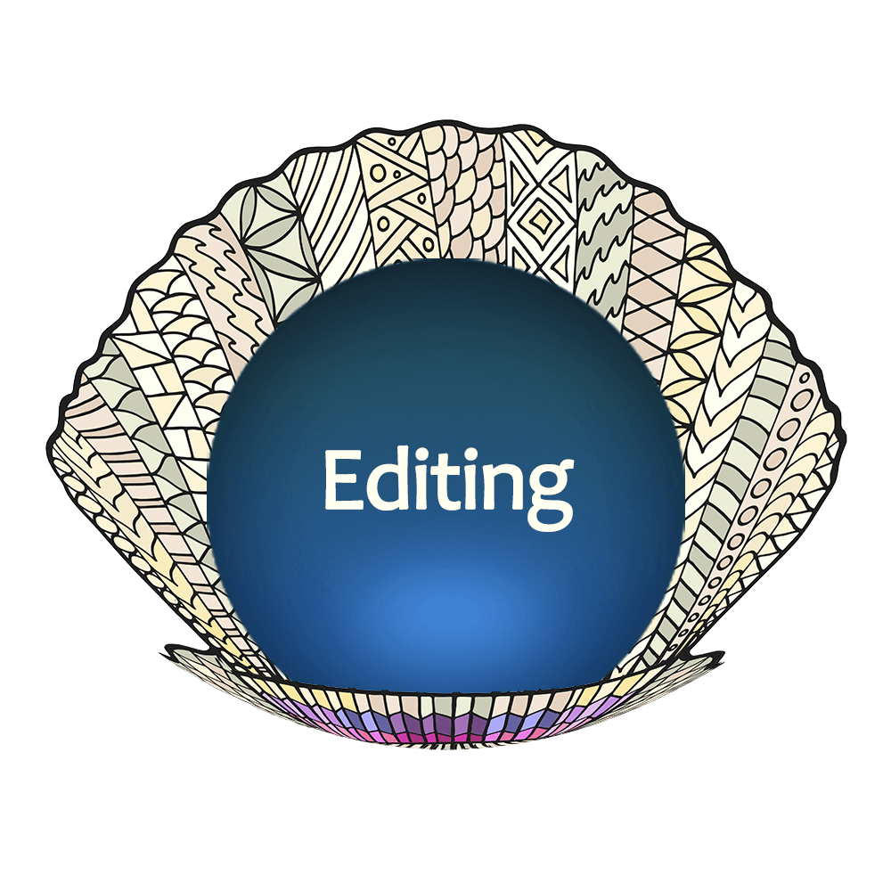 Illustration of a shell with a big blue pearl. The pearl says Editing